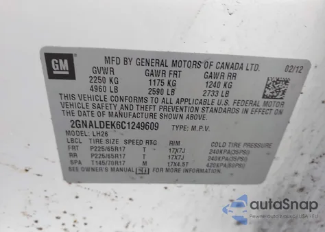 2012 Chevrolet Equinox 1Lt z USA, uszkodzony, nr VIN 2GNALDEK6C1249609